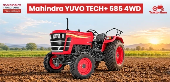 Red Mahindra Yuvo Tech+ 585 4WD tractor in a farm.   