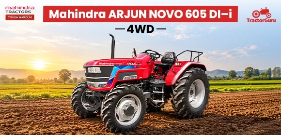 Red Mahindra Arjun Novo 605 DI-i 4WD tractor in a field.