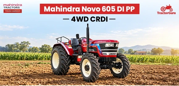 Red Mahindra Novo 605 DI PP 4WD CRDI tractor in a field.   