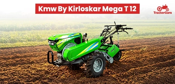 KMW by Kirloskar Mega T 12 power tiller standing on plowed soil.