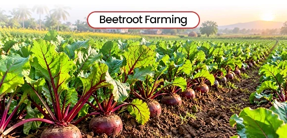 fresh beetroots growing in soil rows titled Beetroot Farming