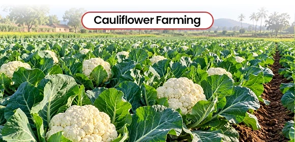 cauliflowers growing in agricultural soil rows 