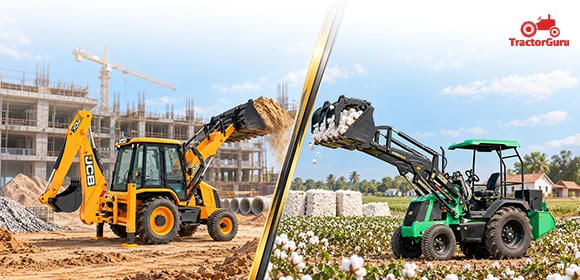 JCB backhoe loader operating at a construction site on the left alongside a green loader lifting cotton in a farm field on the right.